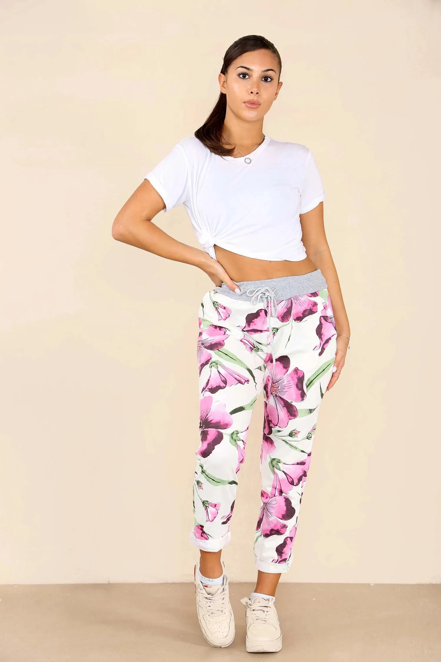 Plus Size Italian Floral Print Drawstring Cotton Joggers