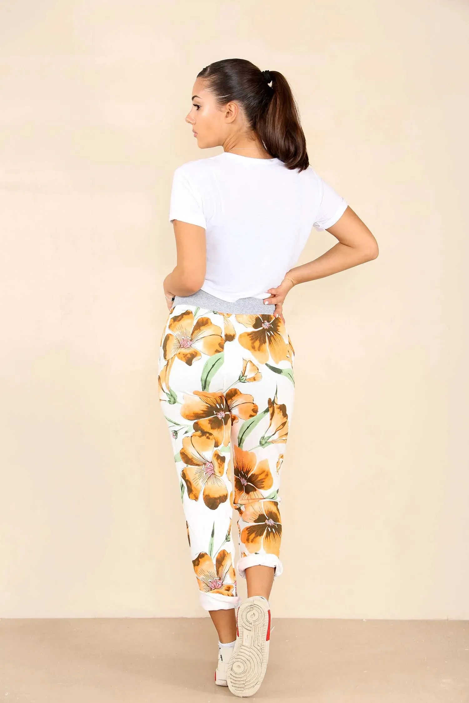 Plus Size Italian Floral Print Drawstring Cotton Joggers