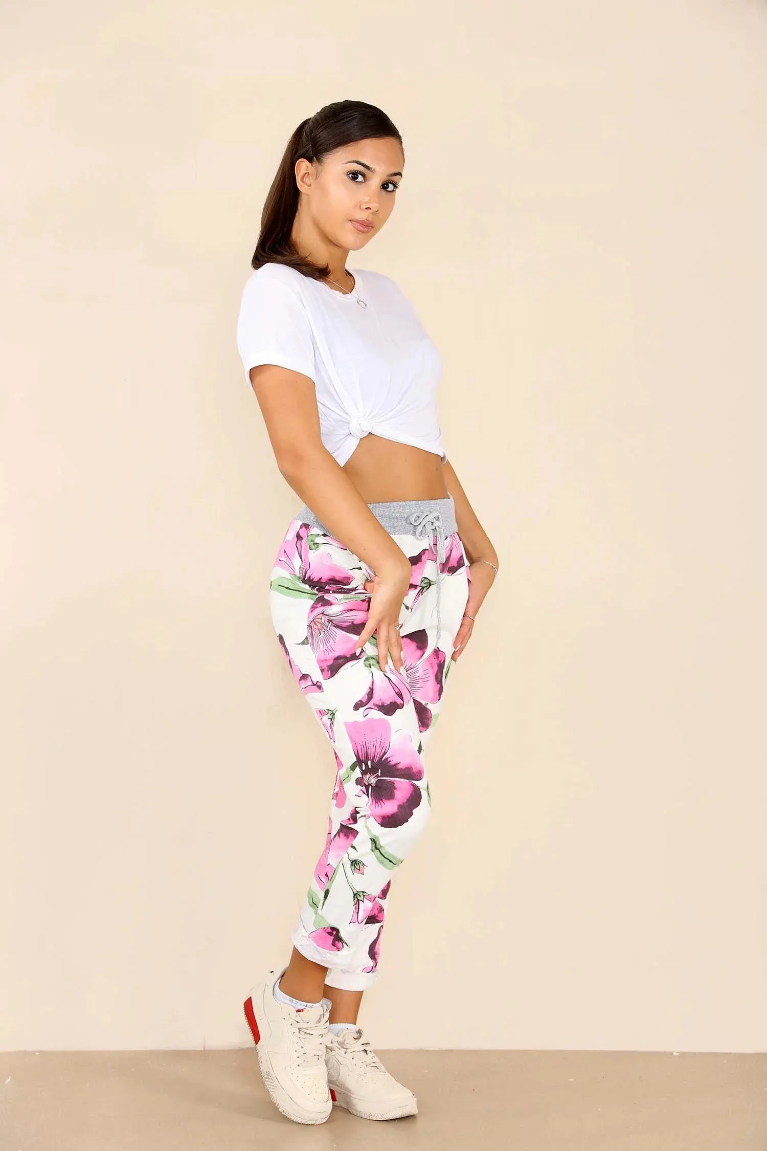 Plus Size Italian Floral Print Drawstring Cotton Joggers