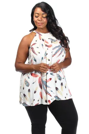 Plus Size Mock Neck Feather Unique Print Blouse