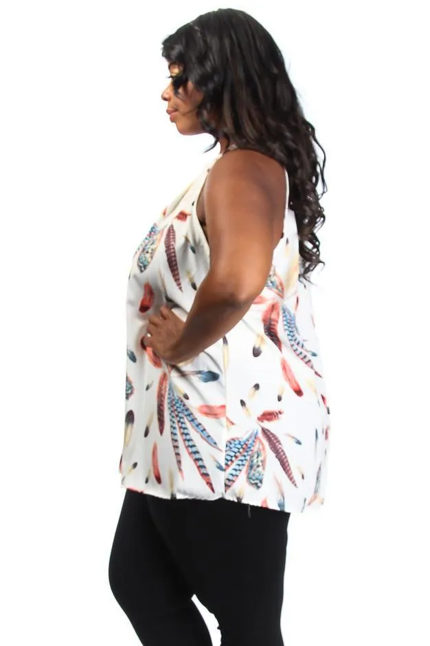 Plus Size Mock Neck Feather Unique Print Blouse