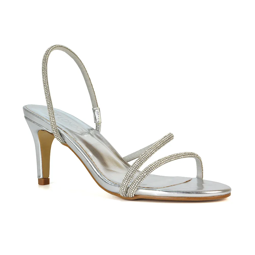 Polly Slingback Strappy Diamante Stiletto High Heel Sandals in Black Shimmer