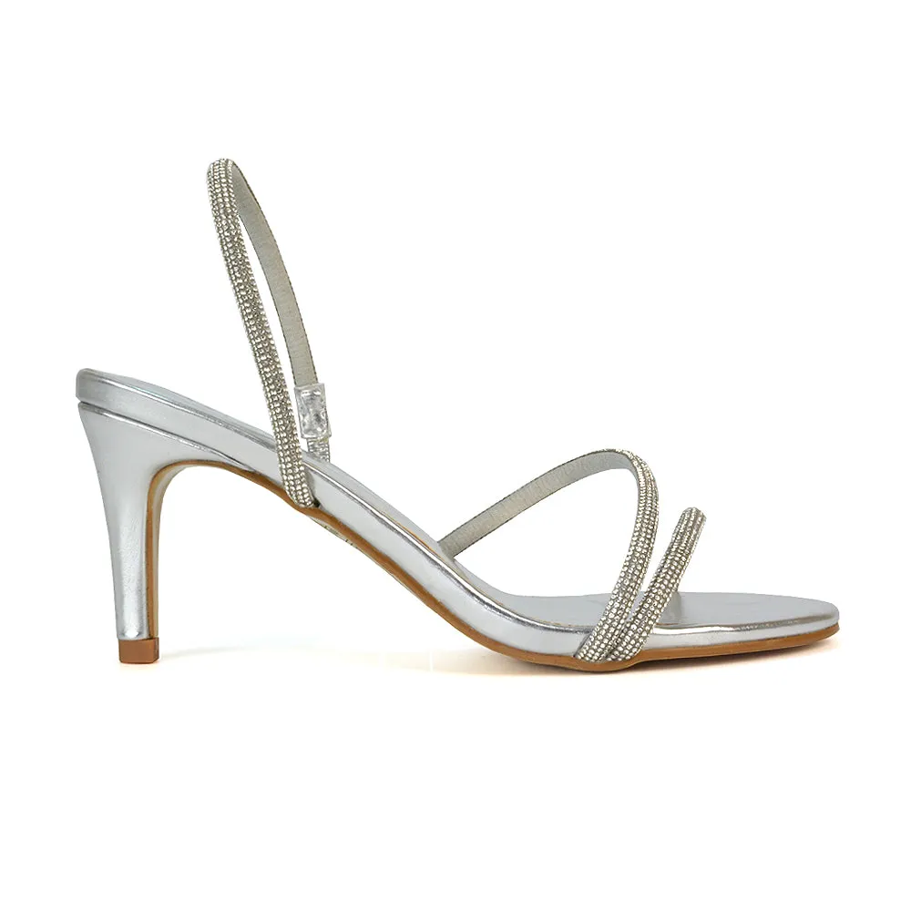 Polly Slingback Strappy Diamante Stiletto High Heel Sandals in Black Shimmer