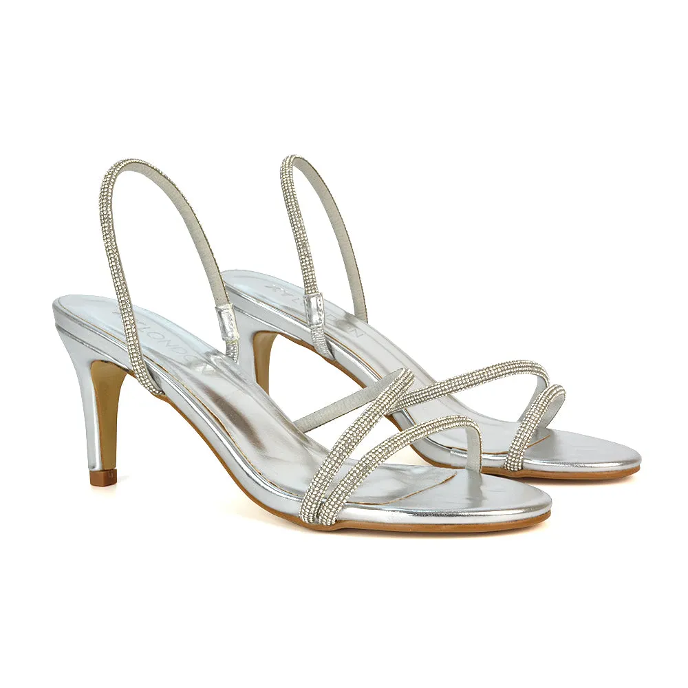 Polly Slingback Strappy Diamante Stiletto High Heel Sandals in Black Shimmer