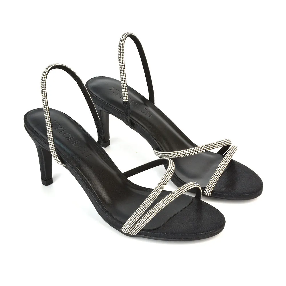 Polly Slingback Strappy Diamante Stiletto High Heel Sandals in Black Shimmer