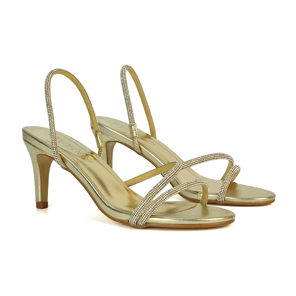 Polly Slingback Strappy Diamante Stiletto High Heel Sandals in Black Shimmer