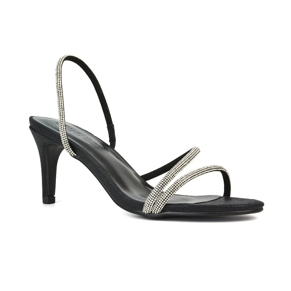 Polly Slingback Strappy Diamante Stiletto High Heel Sandals in Black Shimmer