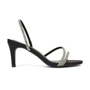 Polly Slingback Strappy Diamante Stiletto High Heel Sandals in Black Shimmer