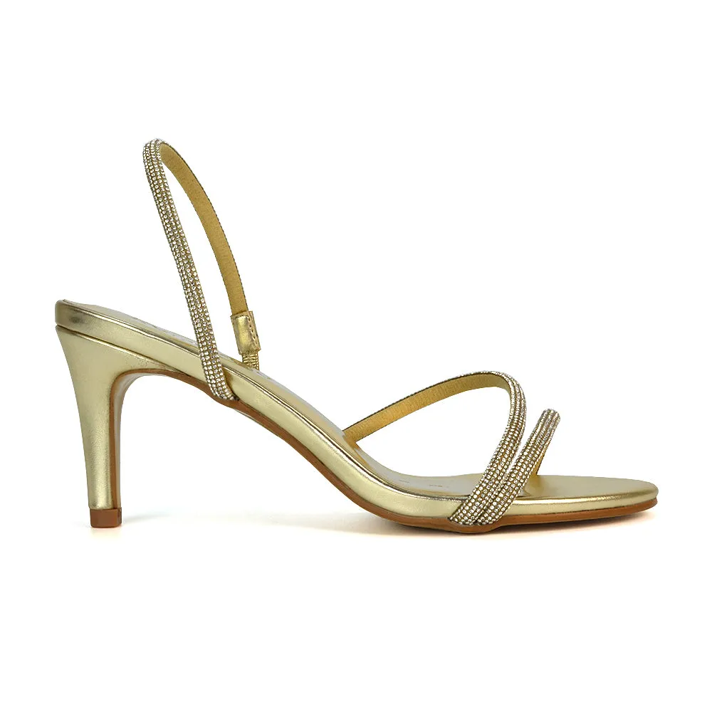 Polly Slingback Strappy Diamante Stiletto High Heel Sandals in Black Shimmer