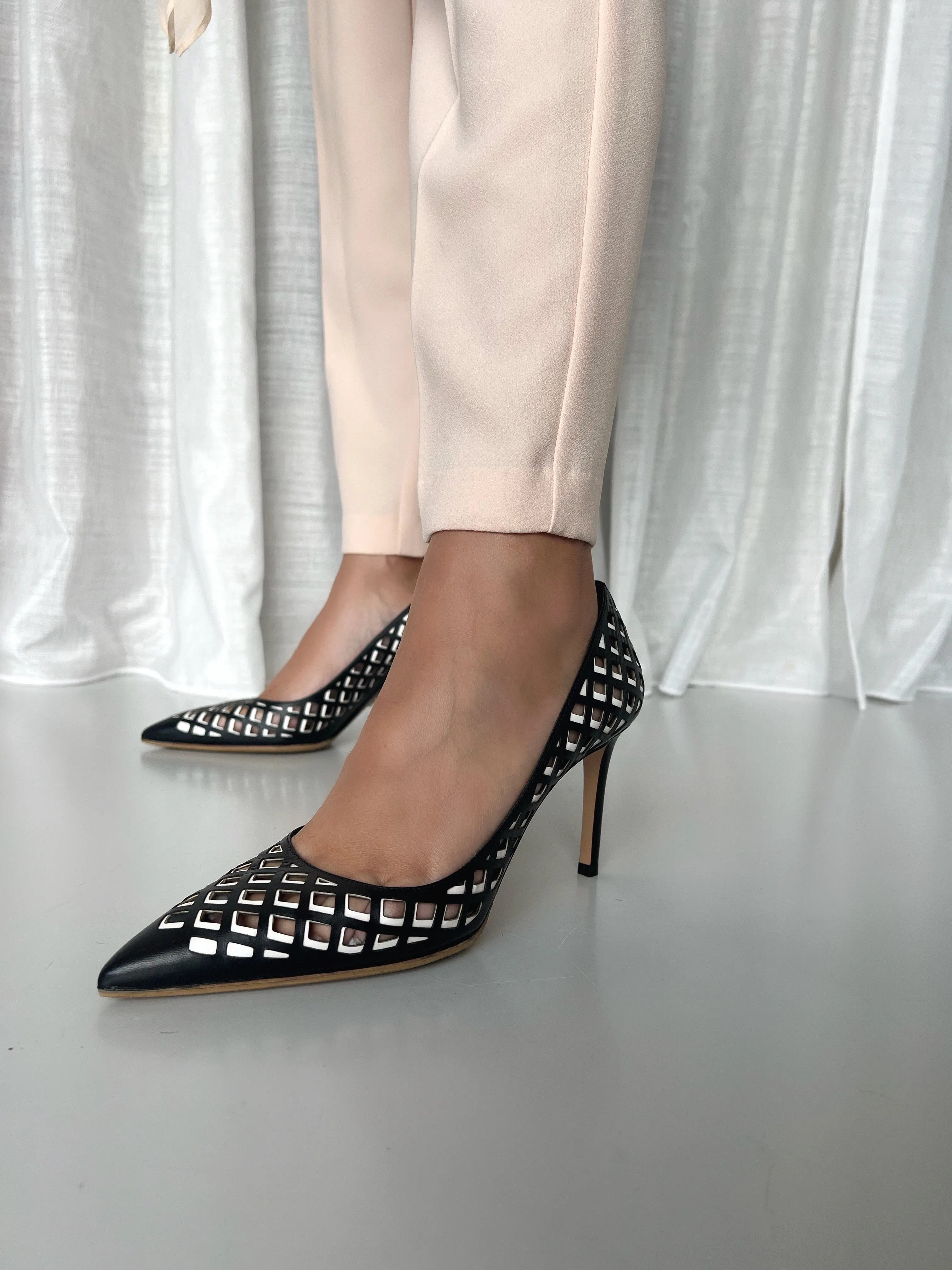 Prada Black And White Perforated Heels - Size 39