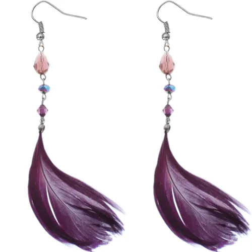 Purple Long Beaded Feather Earrings