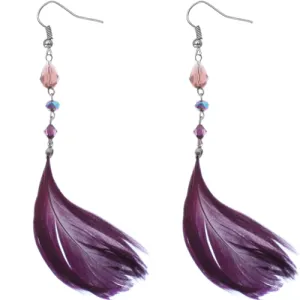 Purple Long Beaded Feather Earrings