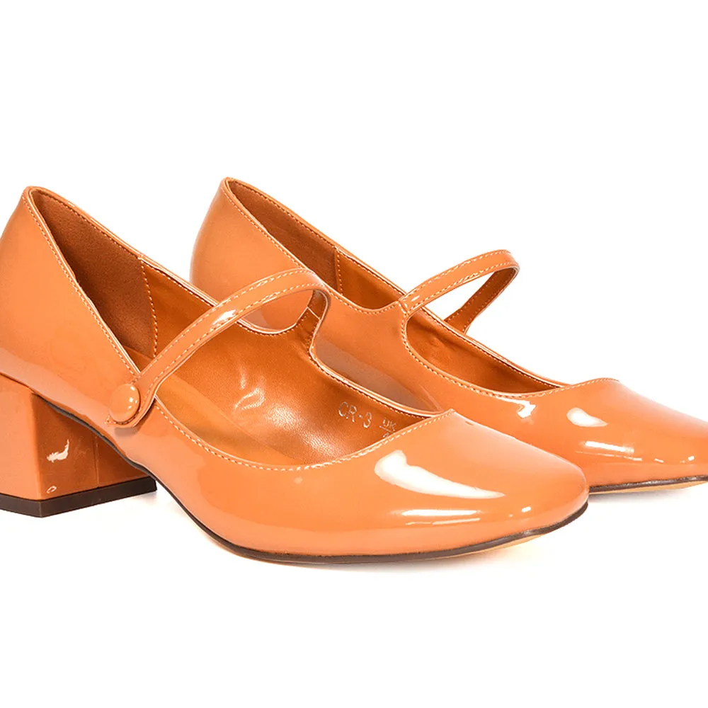 Rhea Mid Block Heel Closed Toe Mary Jane Shoes With Strap in Black Patent
