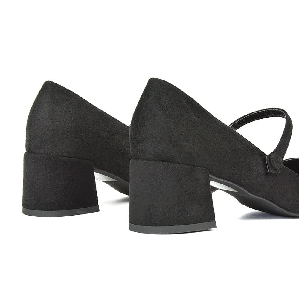 Rhea Mid Block Heel Closed Toe Mary Jane Shoes With Strap in Black Patent