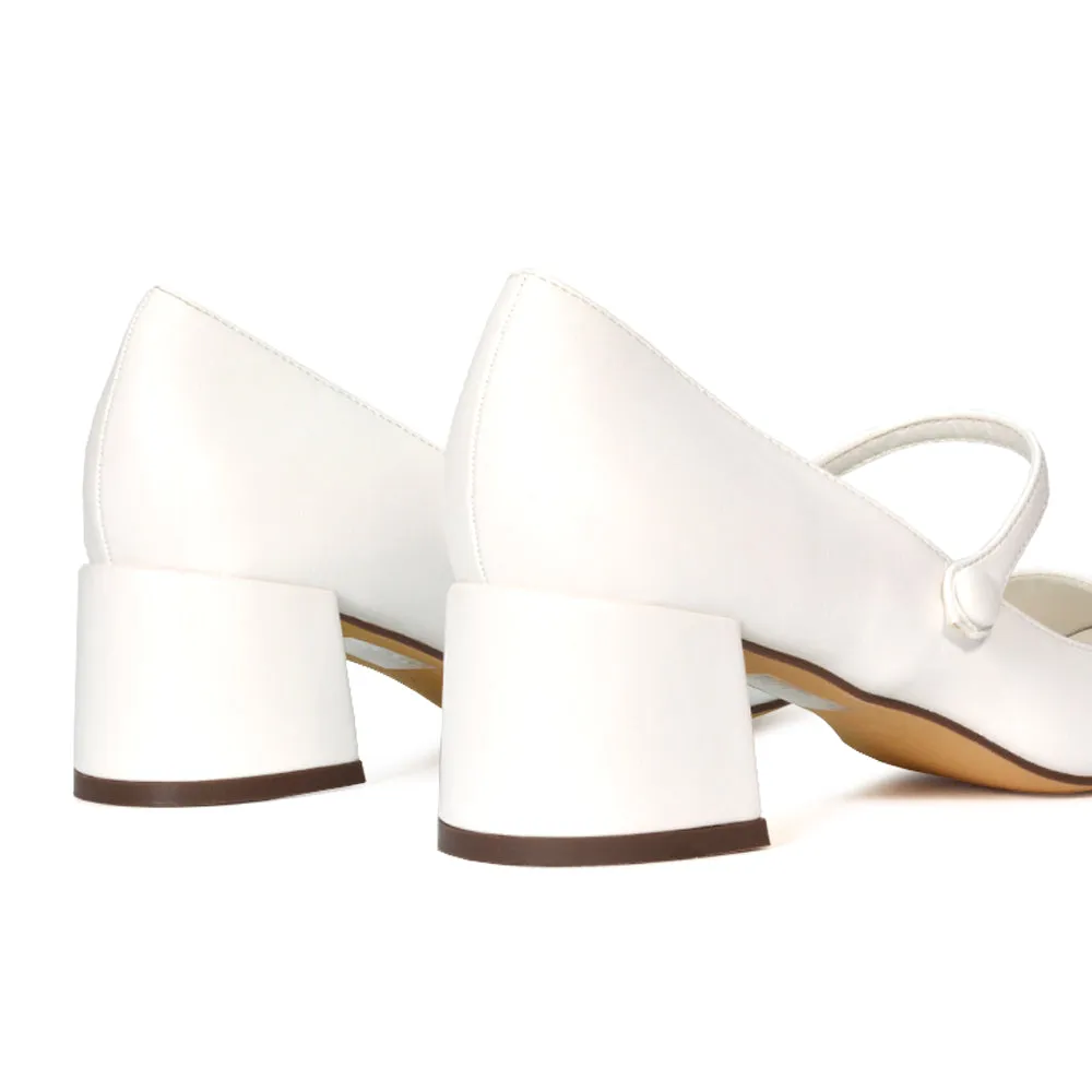 Rhea Mid Block Heel Closed Toe Mary Jane Shoes With Strap in Black Patent