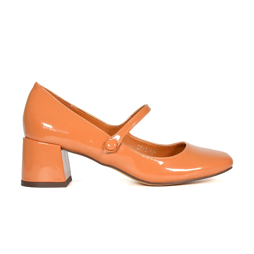 Rhea Mid Block Heel Closed Toe Mary Jane Shoes With Strap in Black Patent