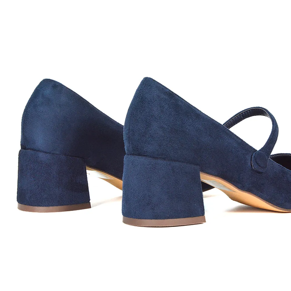Rhea Mid Block Heel Closed Toe Mary Jane Shoes With Strap in Black Patent