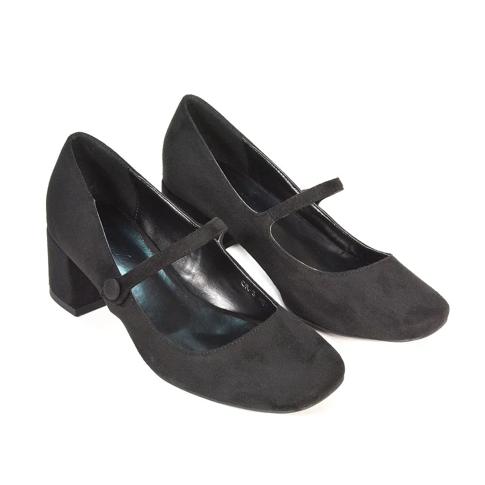 Rhea Mid Block Heel Closed Toe Mary Jane Shoes With Strap in Black Patent