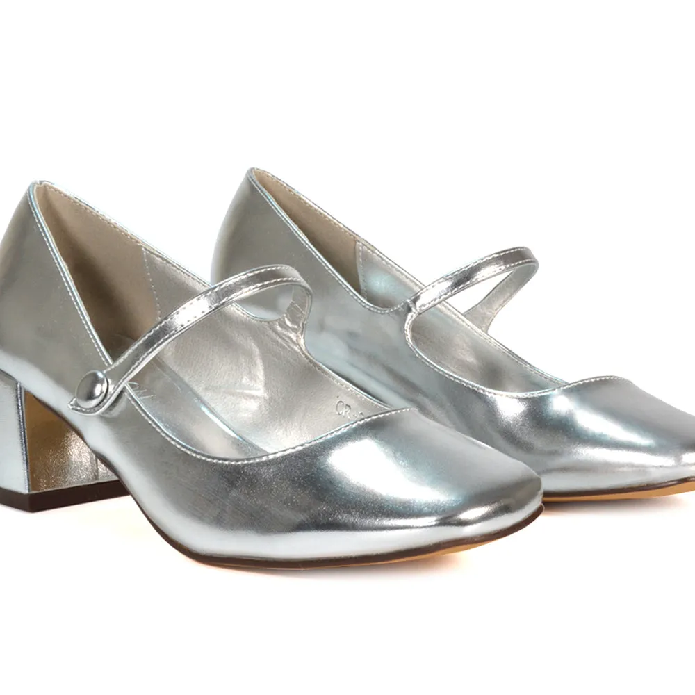 Rhea Mid Block Heel Closed Toe Mary Jane Shoes With Strap in Black Patent