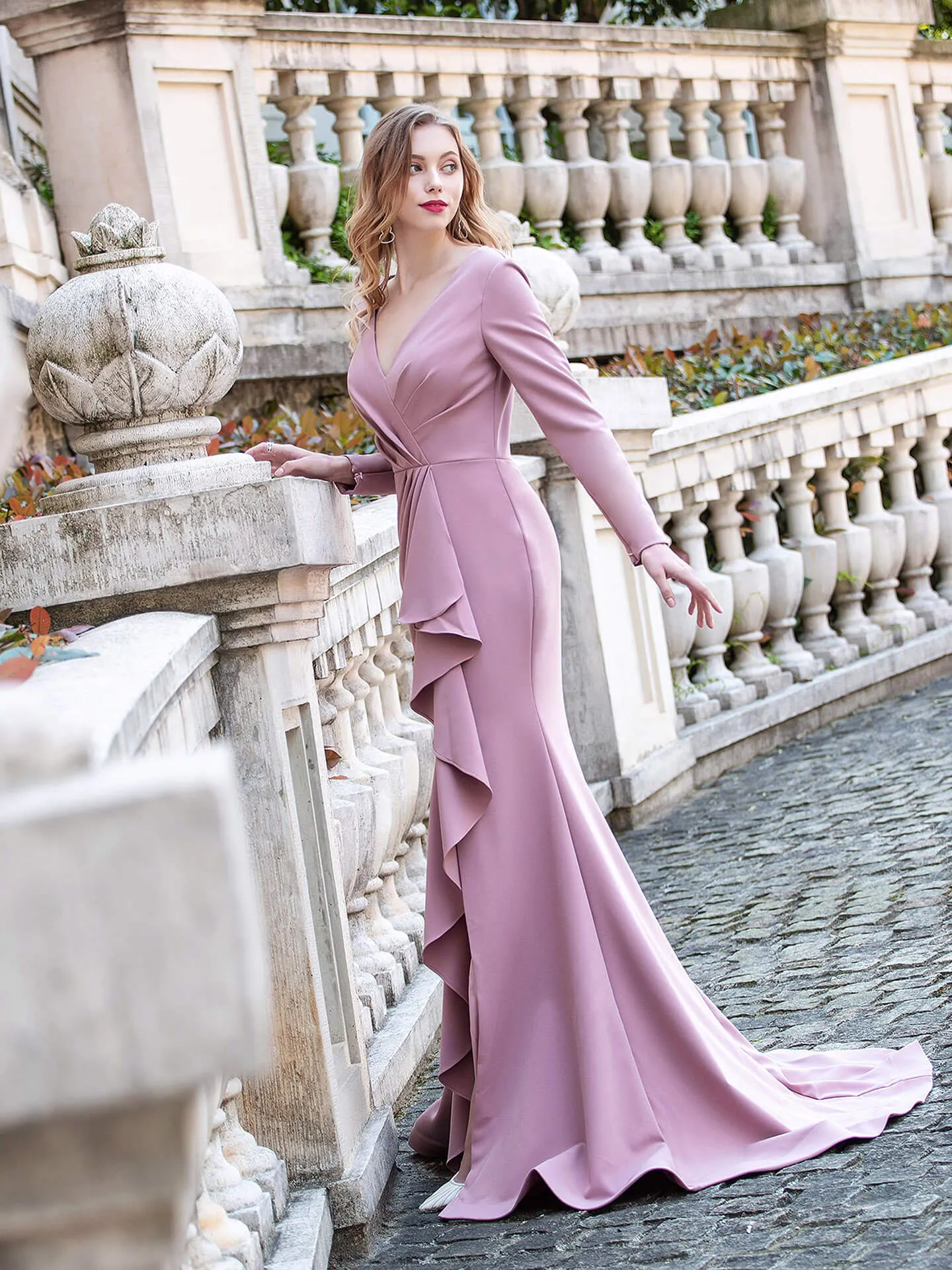 Roycebridal Mermaid V-neck Fashion Formal Evening Dresses Long Sleeve Floor Length