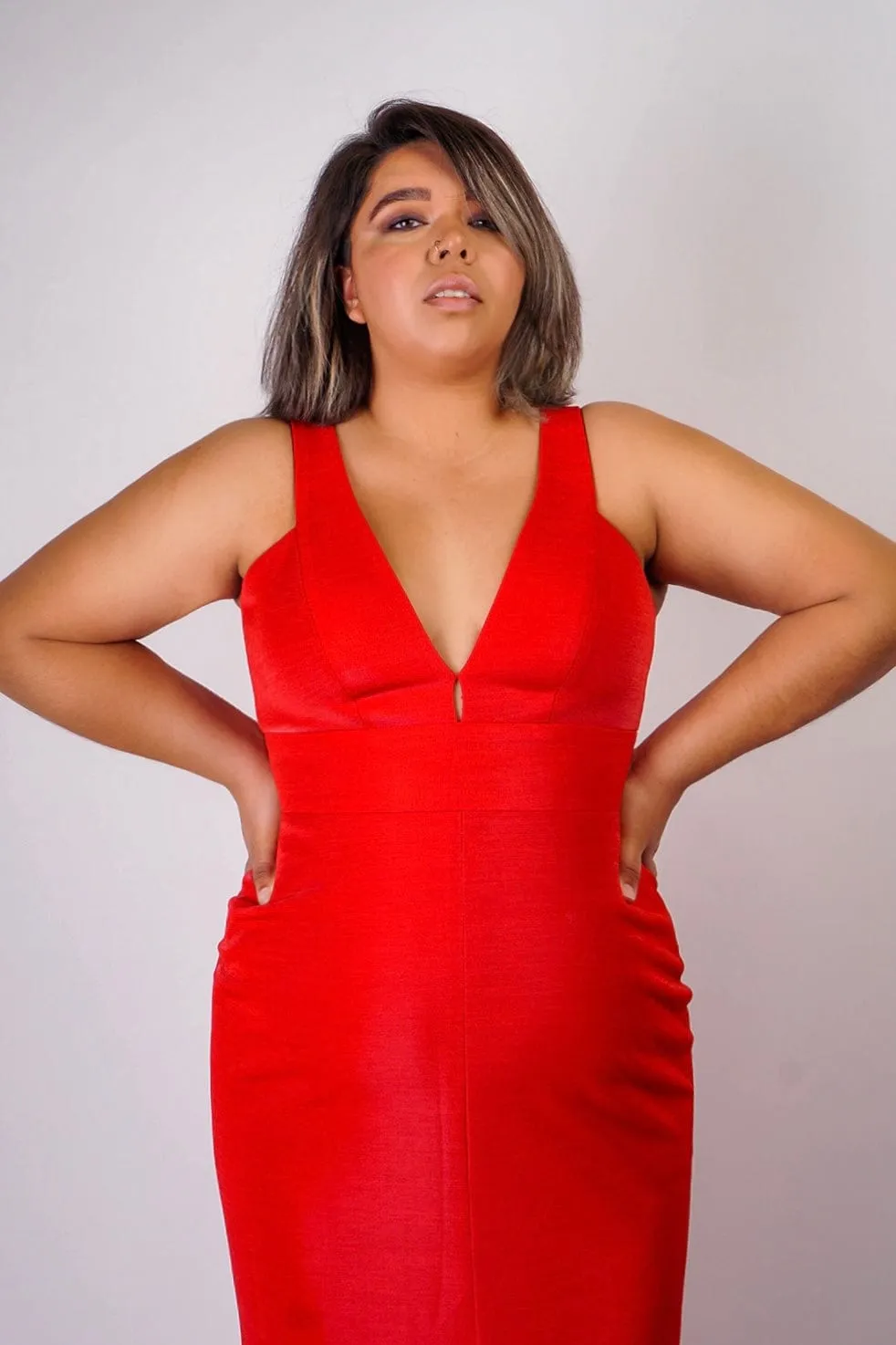 Ruby Red Luxe Slim V Neck Sonaya Gown