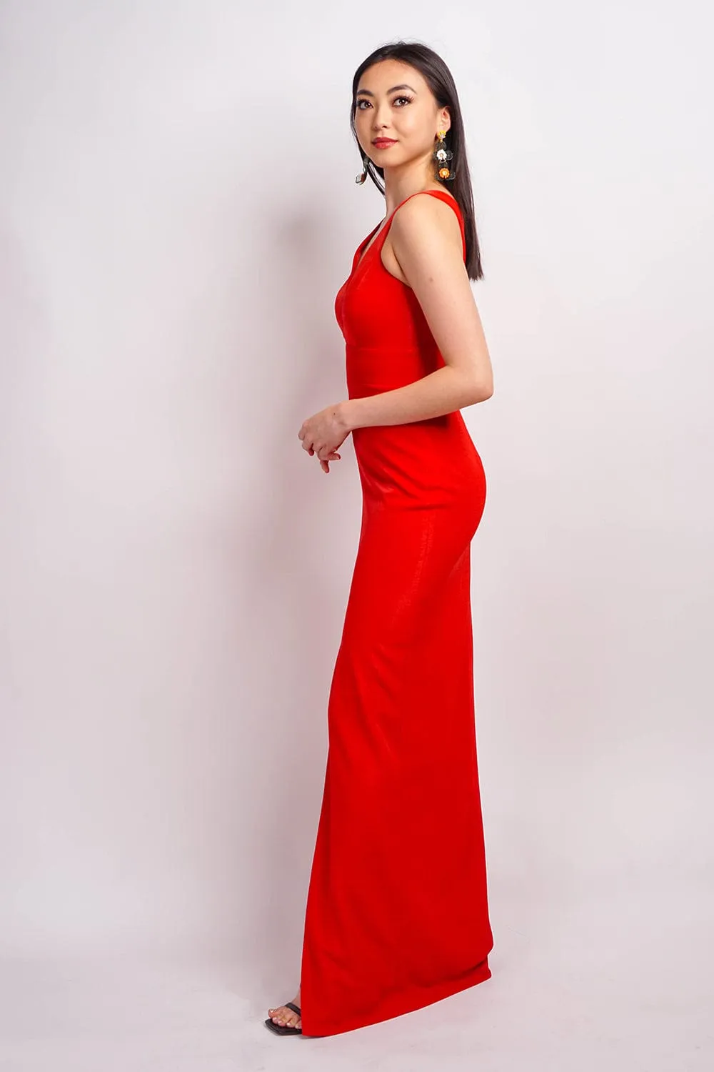 Ruby Red Luxe Slim V Neck Sonaya Gown
