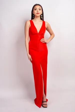 Ruby Red Luxe Slim V Neck Sonaya Gown