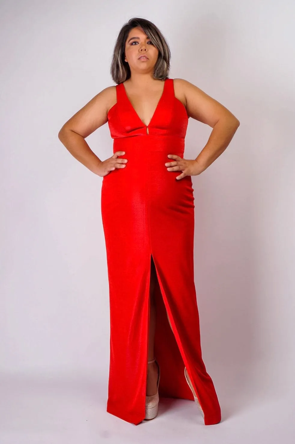 Ruby Red Luxe Slim V Neck Sonaya Gown