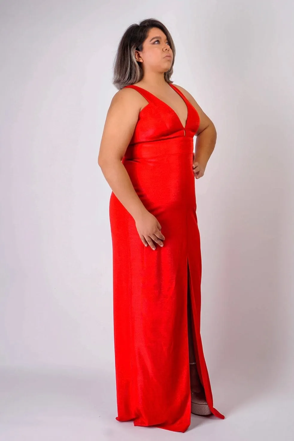 Ruby Red Luxe Slim V Neck Sonaya Gown
