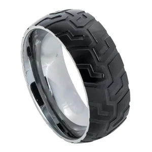 Semi-domed Ring with Black IP Plated with Super Sleek Tire Tread Laser Carved Pattern ��������� 9mm