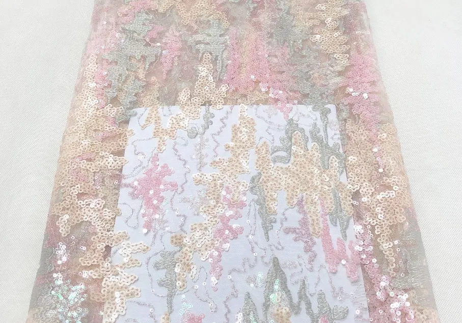 Sequin Embroidered Abstract Coral Tulle - Powder Blue/Pastel Pink