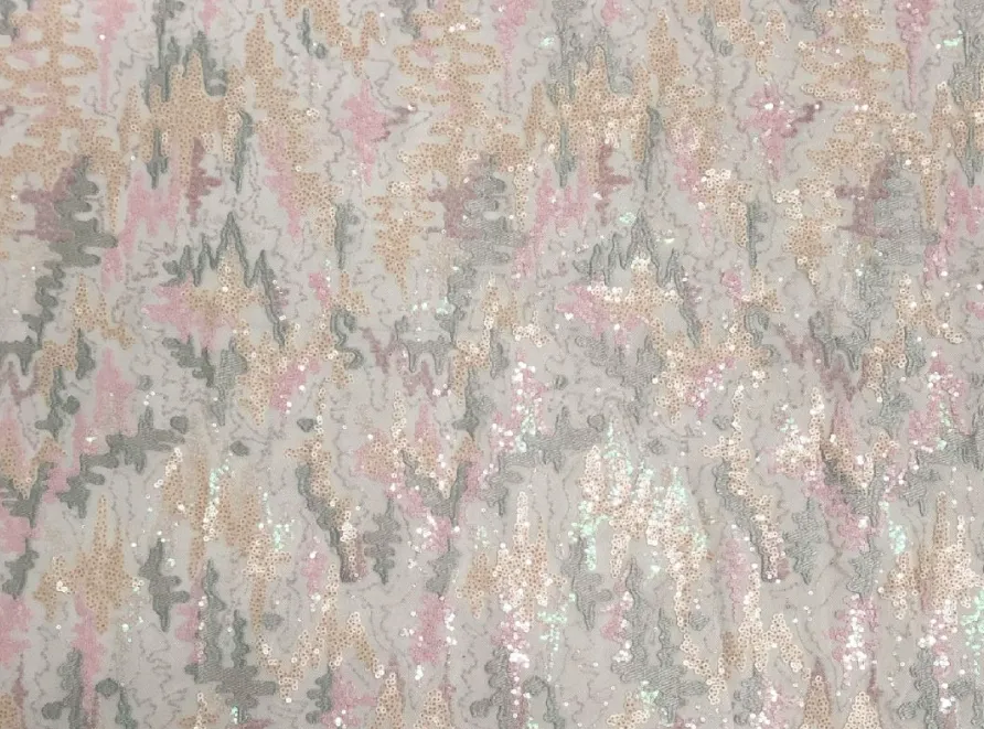 Sequin Embroidered Abstract Coral Tulle - Powder Blue/Pastel Pink