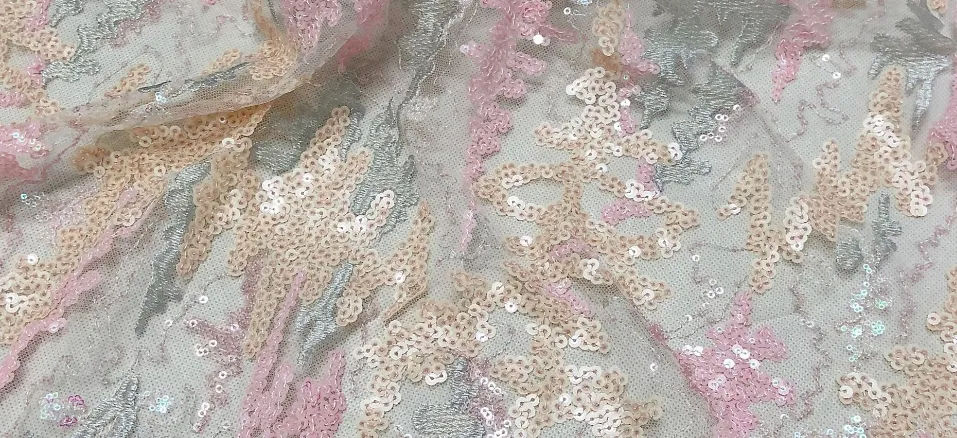 Sequin Embroidered Abstract Coral Tulle - Powder Blue/Pastel Pink