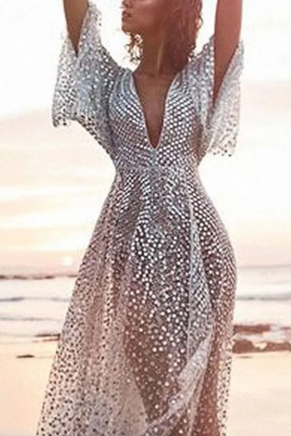 Sexy See-through Deep V-neck Long Sleeve Dress