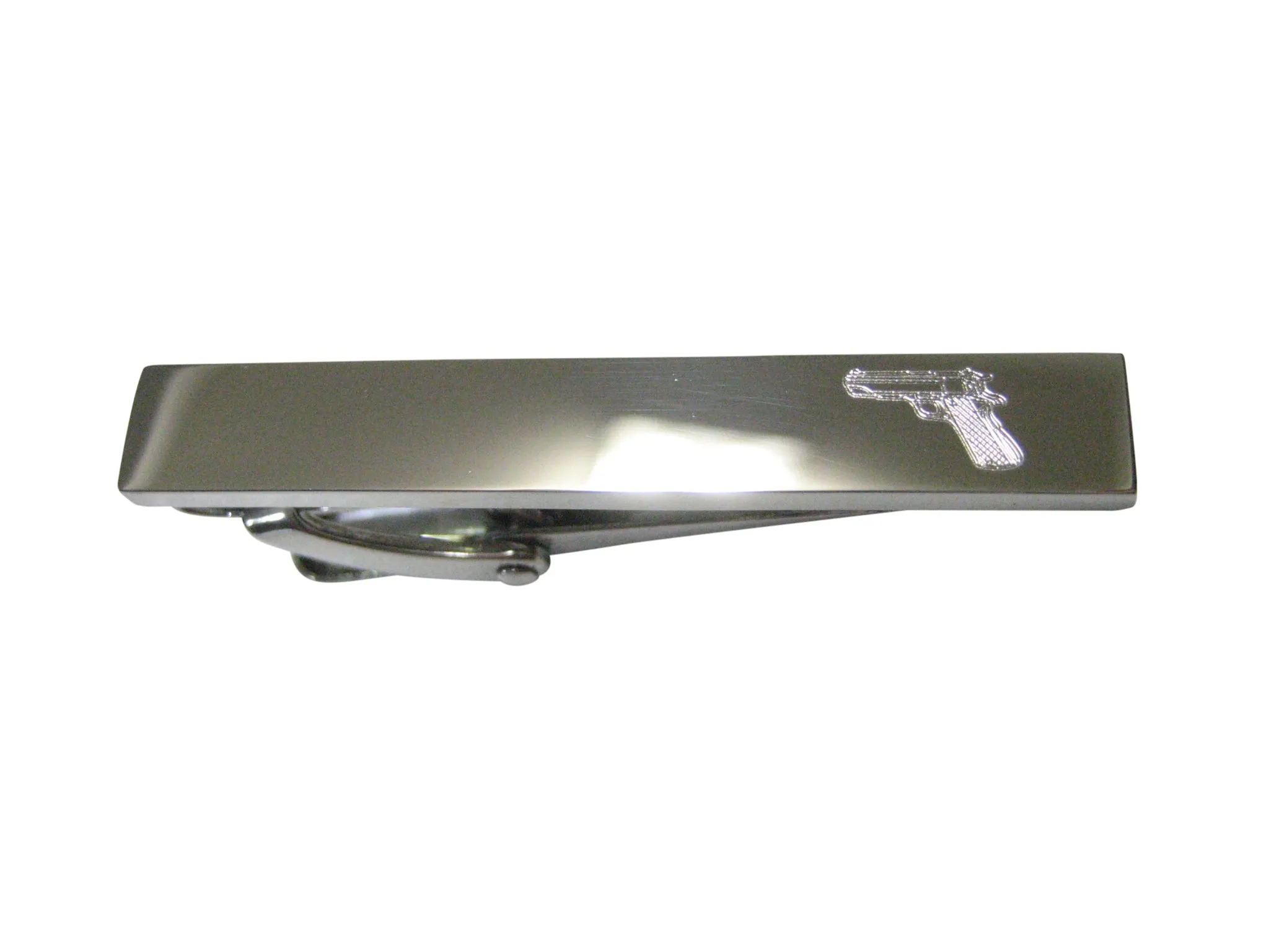 Silver Toned Etched Sleek Modern Handgun Skinny Tie Clip