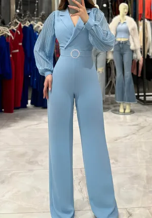 Sophisticated Chiffon Patchwork Long-Sleeve Jumpsuit for Formal Elegance