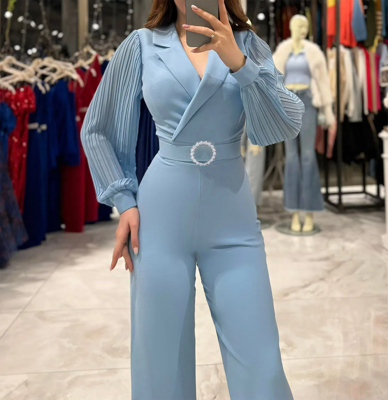 Sophisticated Chiffon Patchwork Long-Sleeve Jumpsuit for Formal Elegance