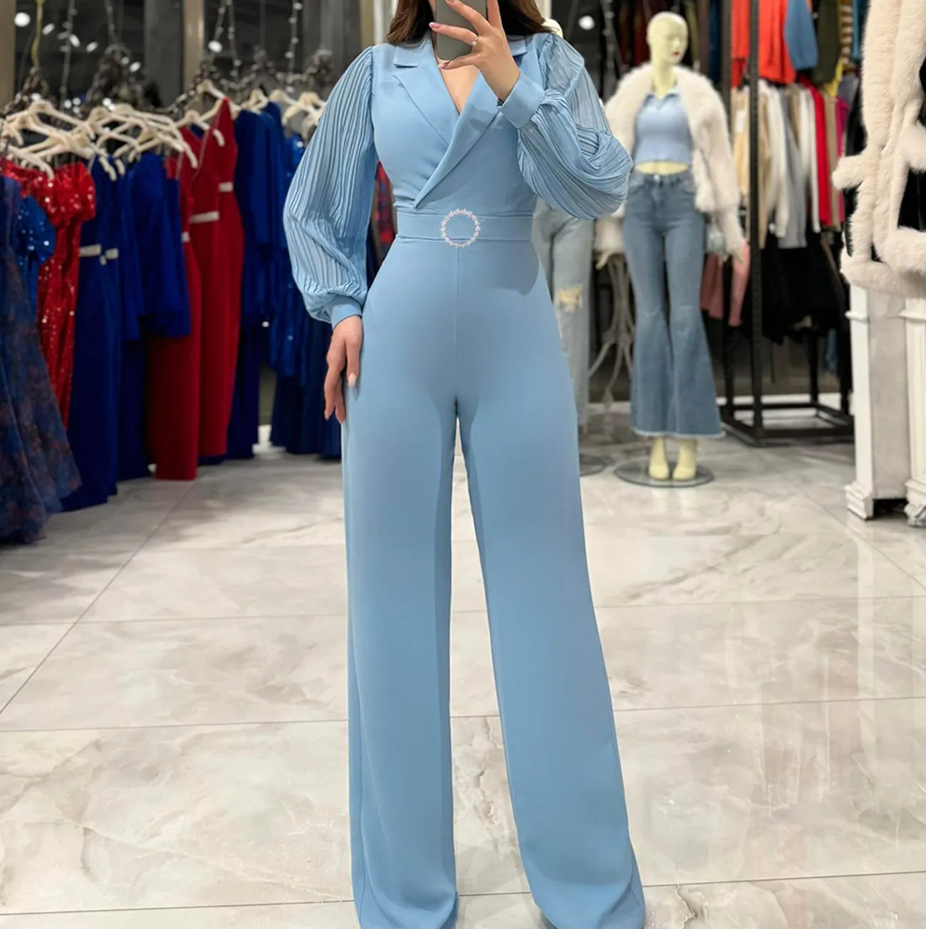 Sophisticated Chiffon Patchwork Long-Sleeve Jumpsuit for Formal Elegance