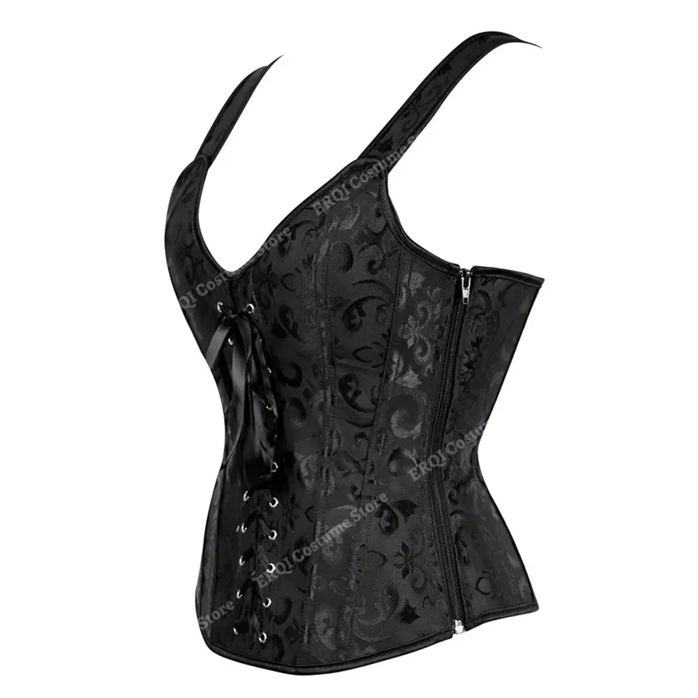 Steampunk Corset with Cup Lingerie Zipper Side Straps Overbust Corset Waist Trainer Bustier Plus Size