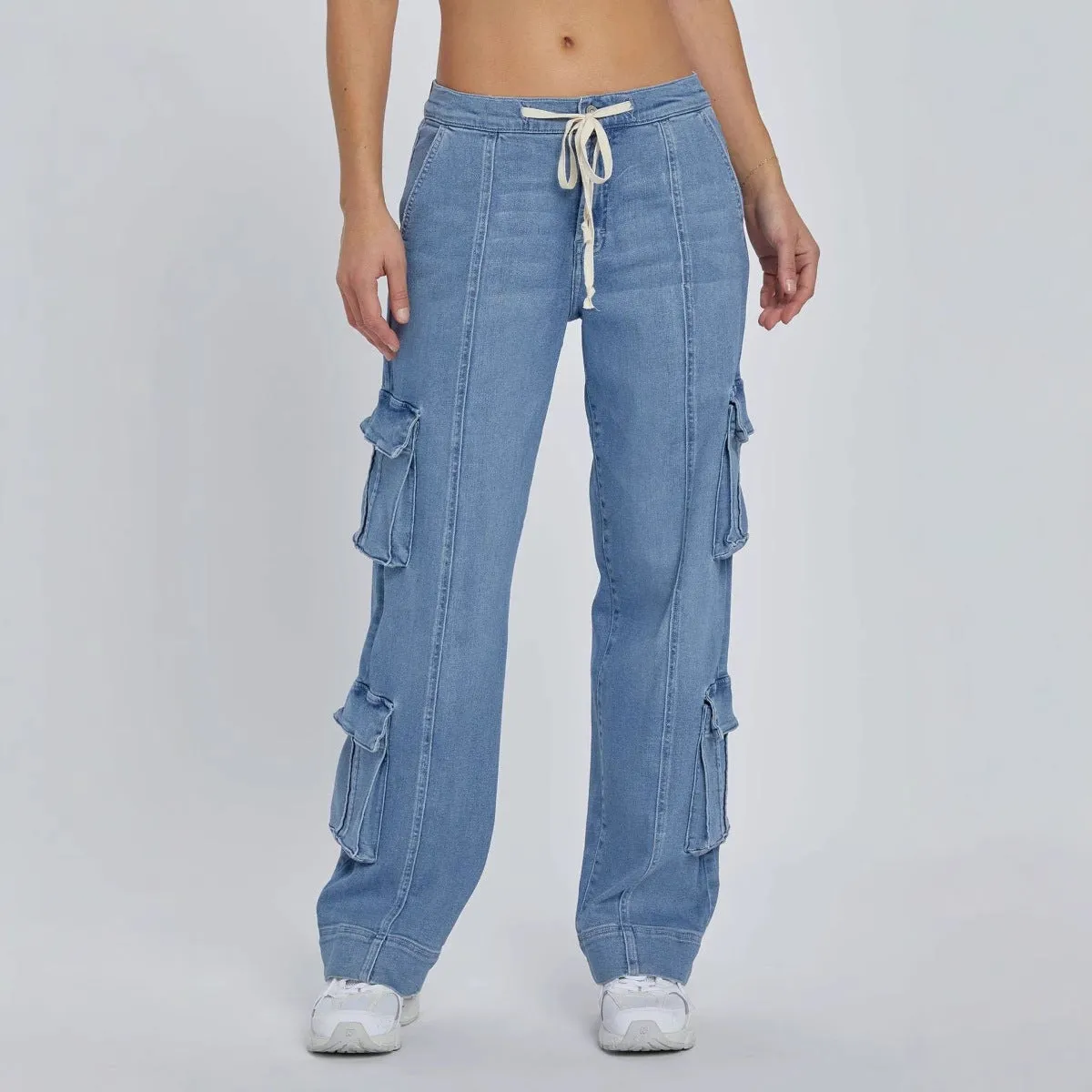 Stylish Spring Wide-Leg Cargo Denim Pants with Drawstring Detail