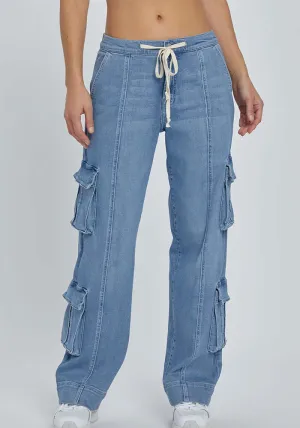 Stylish Spring Wide-Leg Cargo Denim Pants with Drawstring Detail