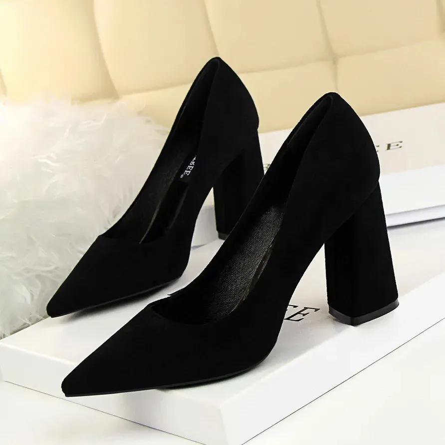Summer Women 8.5cm High Heels Pumps Elegant Sweet Lady Wedding Block Square Middle Heels Flock Suede Nightclub Shoes