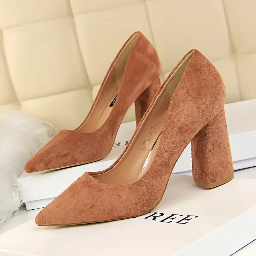 Summer Women 8.5cm High Heels Pumps Elegant Sweet Lady Wedding Block Square Middle Heels Flock Suede Nightclub Shoes