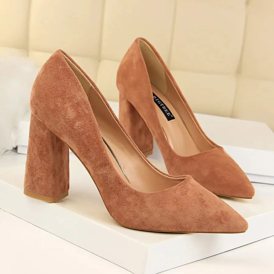 Summer Women 8.5cm High Heels Pumps Elegant Sweet Lady Wedding Block Square Middle Heels Flock Suede Nightclub Shoes
