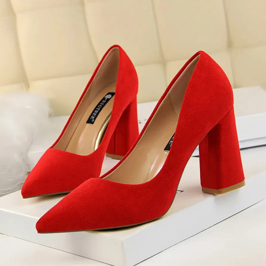 Summer Women 8.5cm High Heels Pumps Elegant Sweet Lady Wedding Block Square Middle Heels Flock Suede Nightclub Shoes