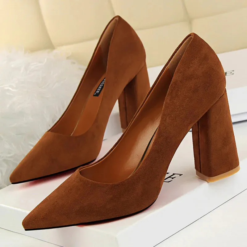 Summer Women 8.5cm High Heels Pumps Elegant Sweet Lady Wedding Block Square Middle Heels Flock Suede Nightclub Shoes