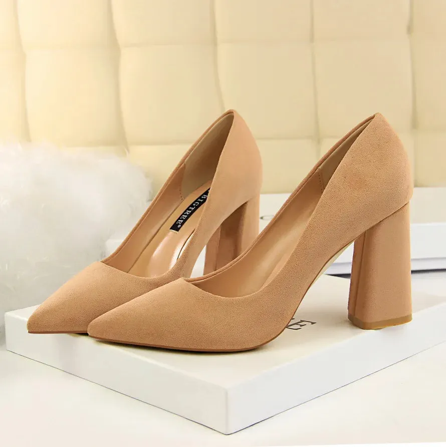 Summer Women 8.5cm High Heels Pumps Elegant Sweet Lady Wedding Block Square Middle Heels Flock Suede Nightclub Shoes