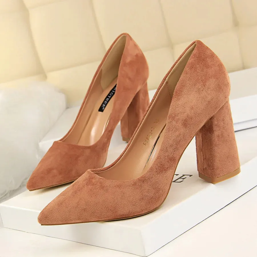 Summer Women 8.5cm High Heels Pumps Elegant Sweet Lady Wedding Block Square Middle Heels Flock Suede Nightclub Shoes