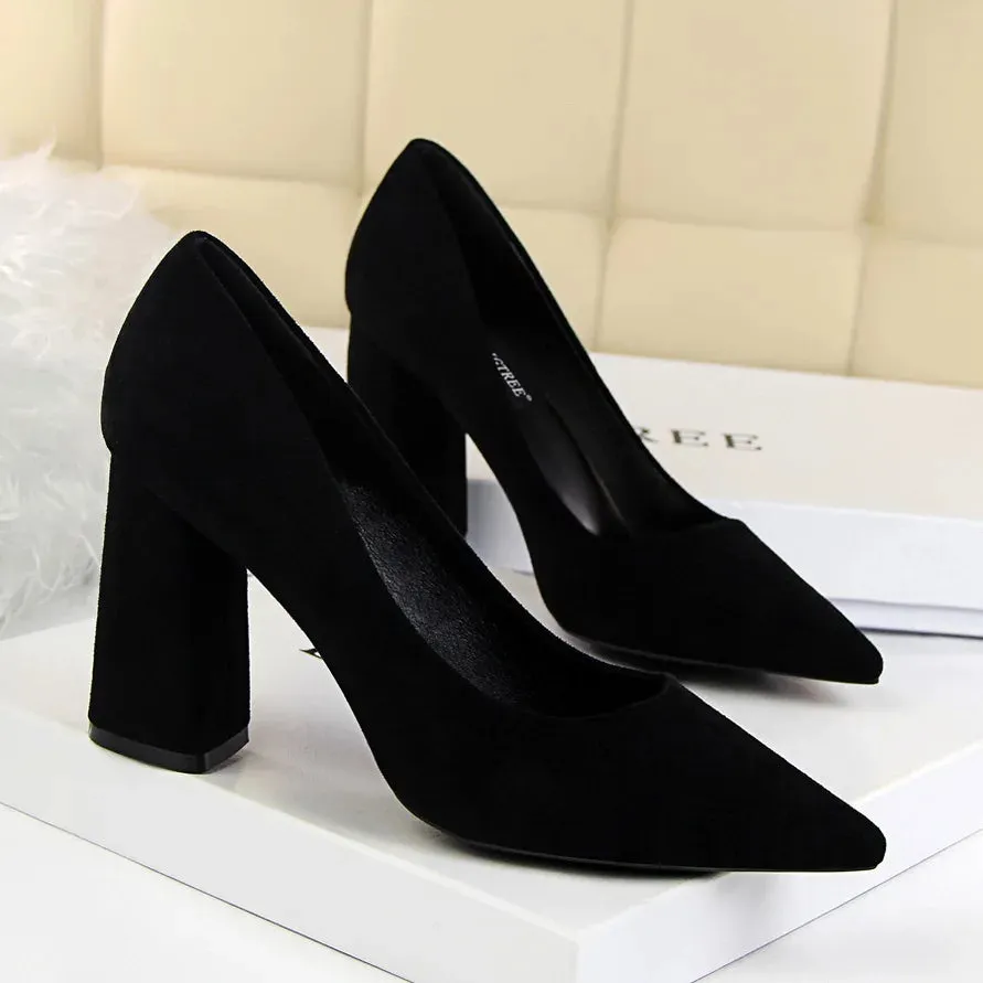 Summer Women 8.5cm High Heels Pumps Elegant Sweet Lady Wedding Block Square Middle Heels Flock Suede Nightclub Shoes