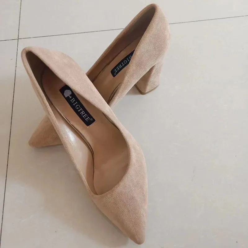 Summer Women 8.5cm High Heels Pumps Elegant Sweet Lady Wedding Block Square Middle Heels Flock Suede Nightclub Shoes